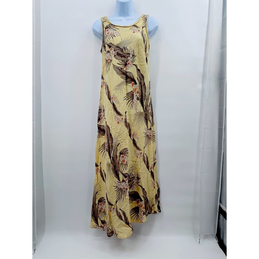 Young Hawaii yellow‎  Hawaiian Floral Print Maxi Dress Size M Sleeveless